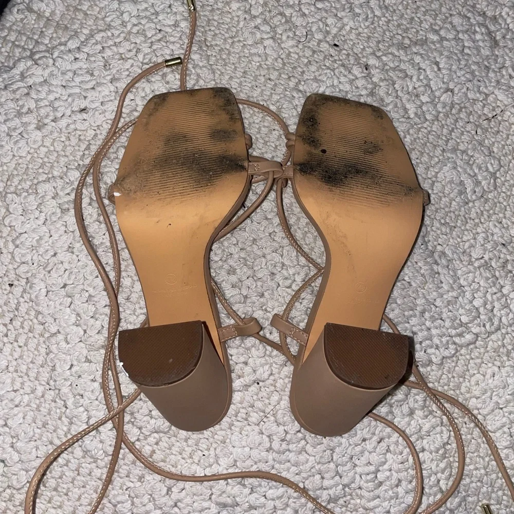 Cream Tan Lace Up Ankle Strap Chunky Heeled Square Toe Sandal